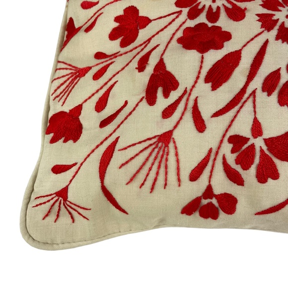 Vintage Floral Embroidered Square Accent Pillow Cream Red Small Couch Chair 14” - Picture 4 of 16